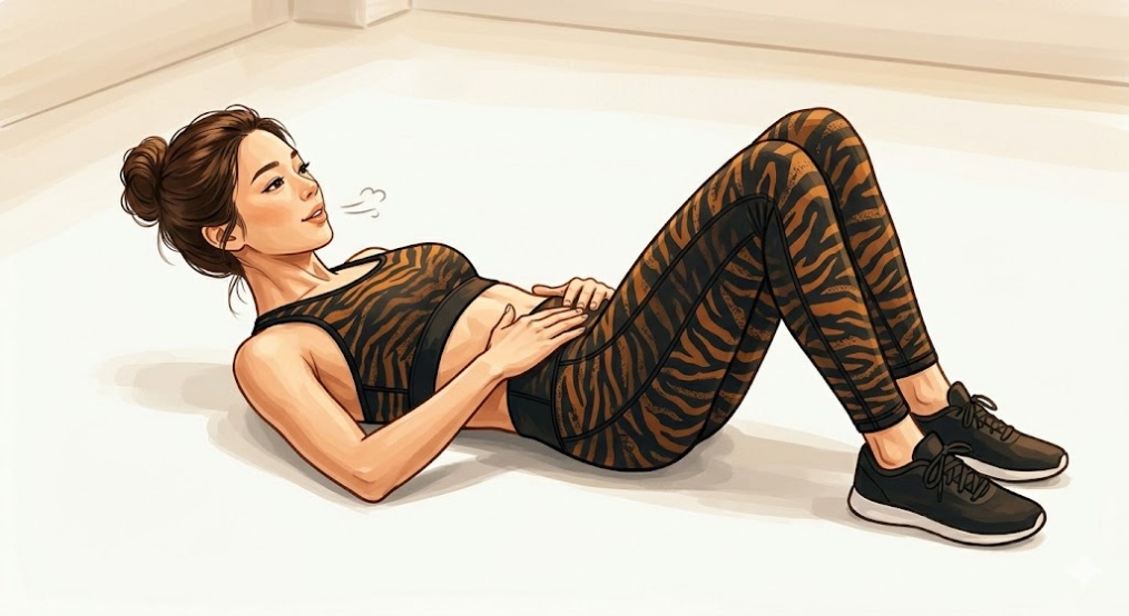 ピラティスのペルビック・チルトに取り組む女性。仰向けに寝て両ひざを立てている。