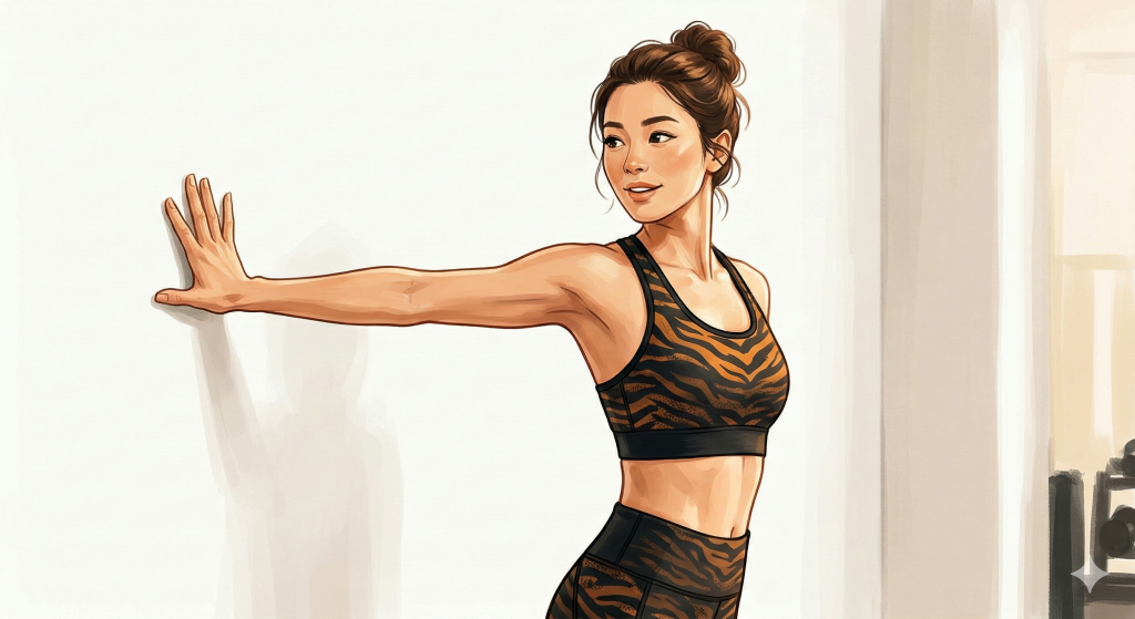 ピラティスのチェスト・リセットに取り組む女性。壁の横に立ち、壁側の腕を肩の高さで真後ろに伸ばし、手のひらを壁につけている。