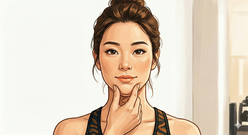 顎をつまむように指を添える女性